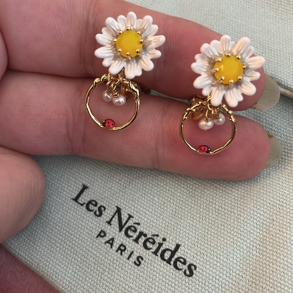 Les Nereides Daisy Ladybug Stud Earrings Hand Painted Enamel